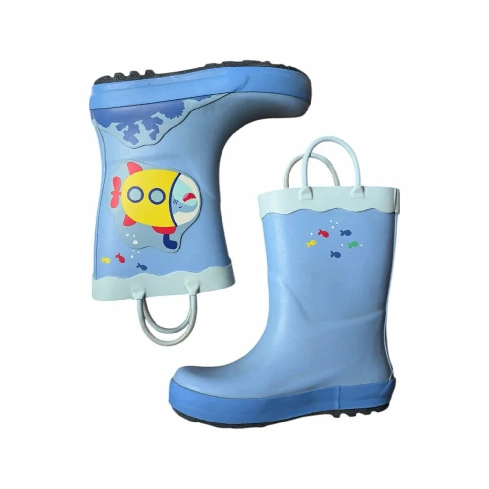 Cat & Jack Blue Submarine Shark Rain Boots Kids Size 10 Waterproof Pull-On